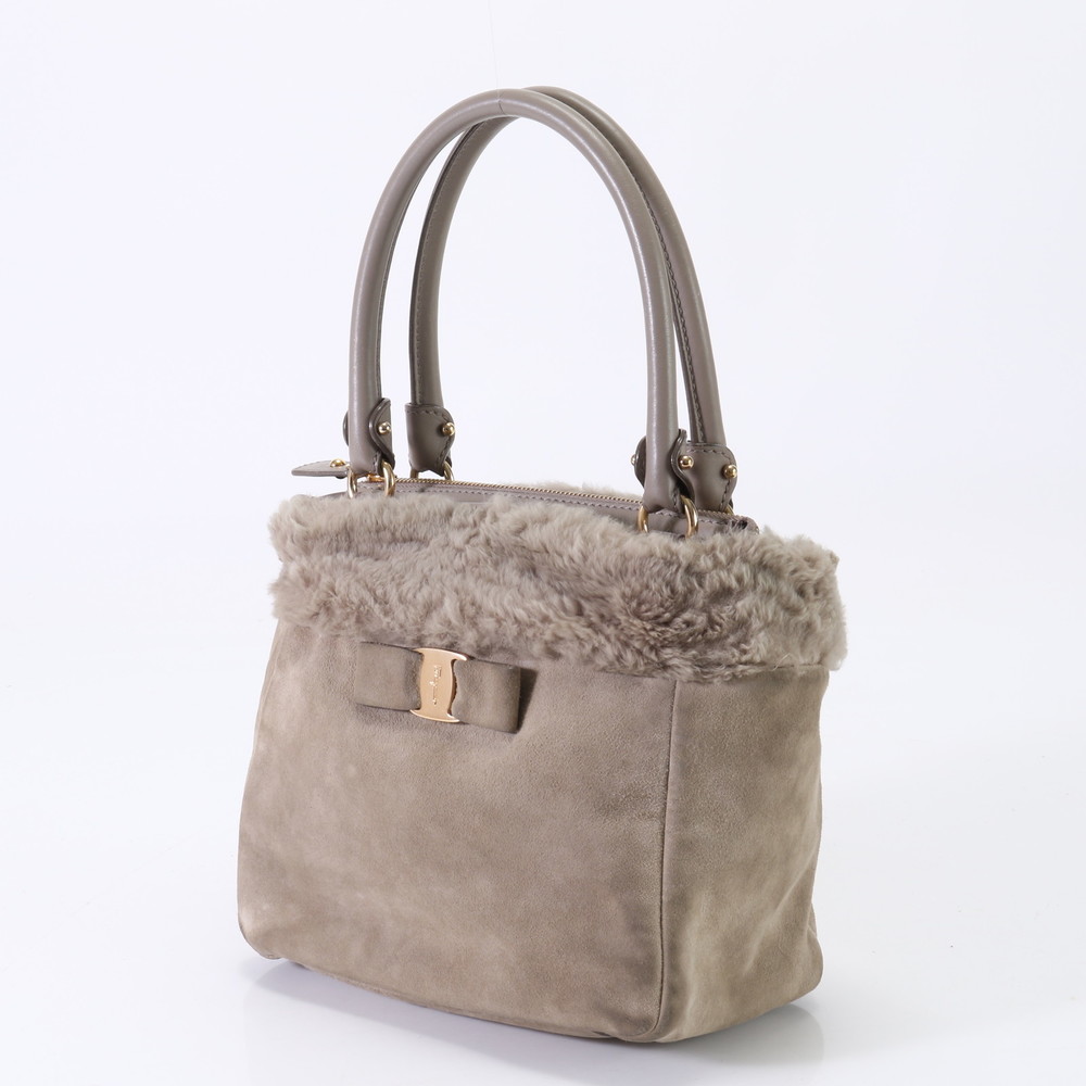 Salvatore Ferragamo Vara Gray Handbag Shearling Ribbon Leather